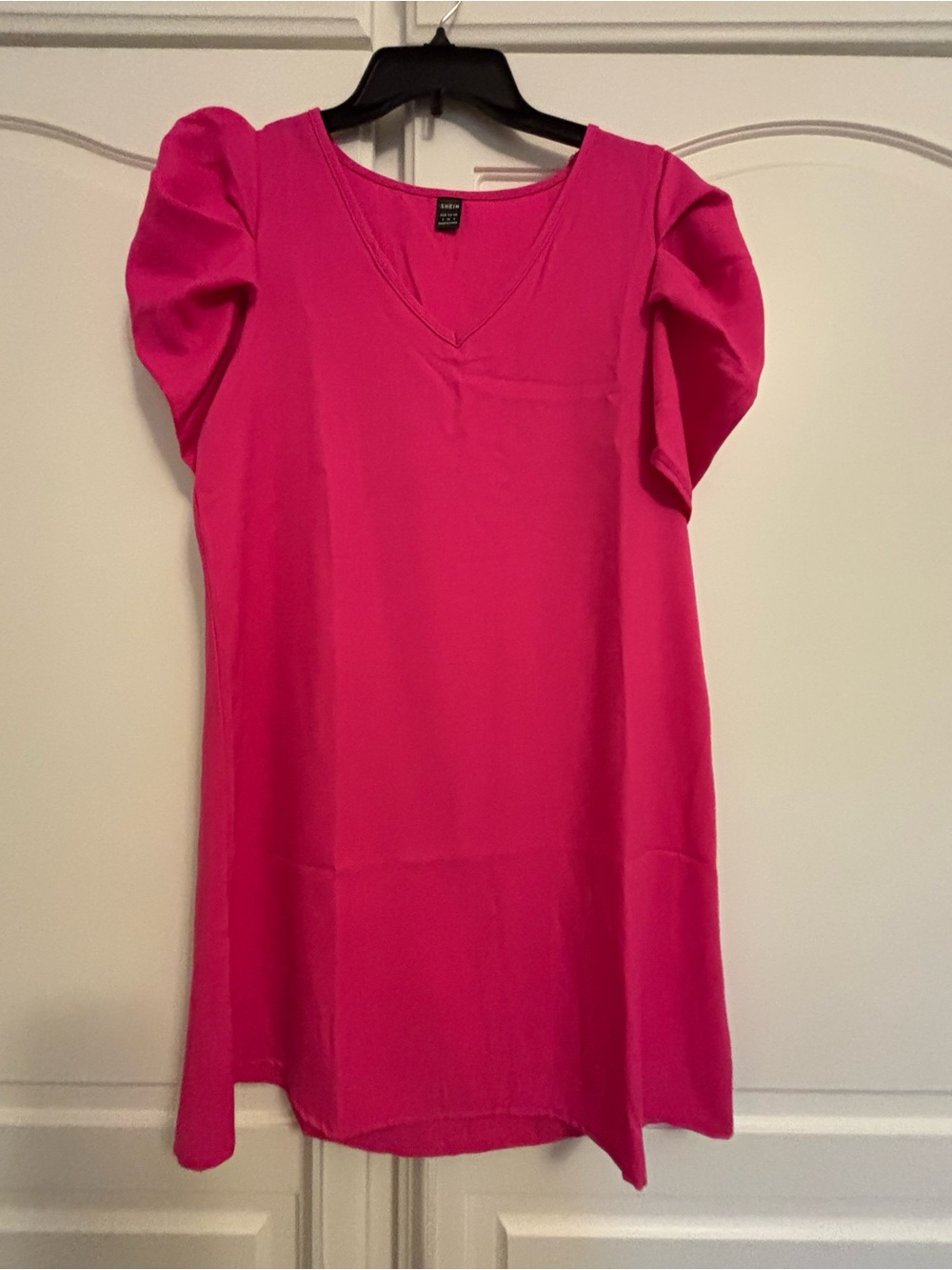 SHEIN Hot Pink V-Neck Puff Sleeve Midi Dress